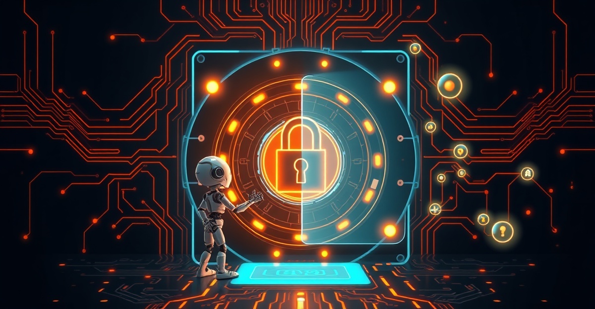 A digital vault and circuit-board key separated from an AI agent figure by a shield barrier, illustrating credential brokering for agents