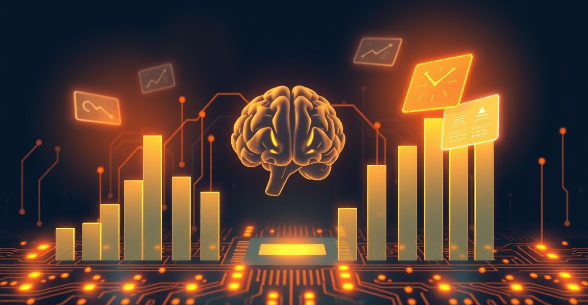 Illustrated data charts and a central AI brain motif over a circuit board, representing AI software development statistics for 2026.