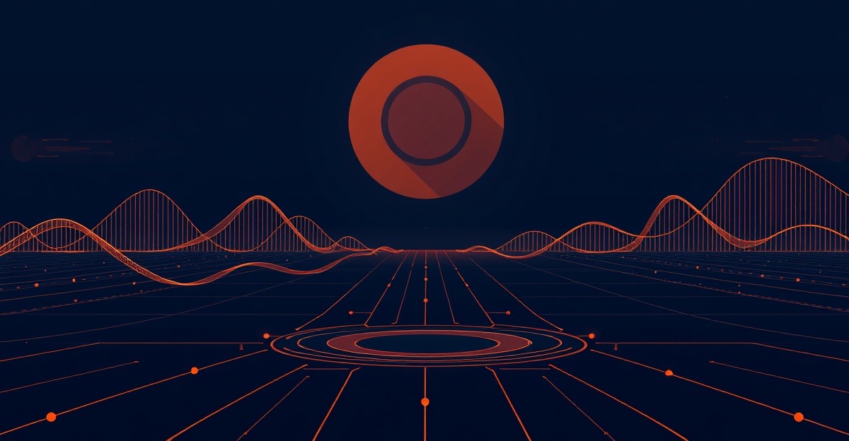 Diverging employment trend lines rising and dipping over a stylised circuit horizon, illustrating the software engineering job market forecast to 2030.