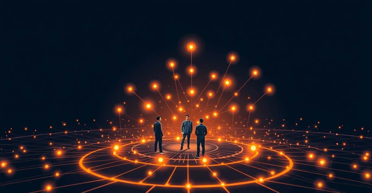 A small talent-dense team amplified by a glowing halo of AI agents building a large product structure over a dark navy circuit horizon, illustrating tiny teams AI software.