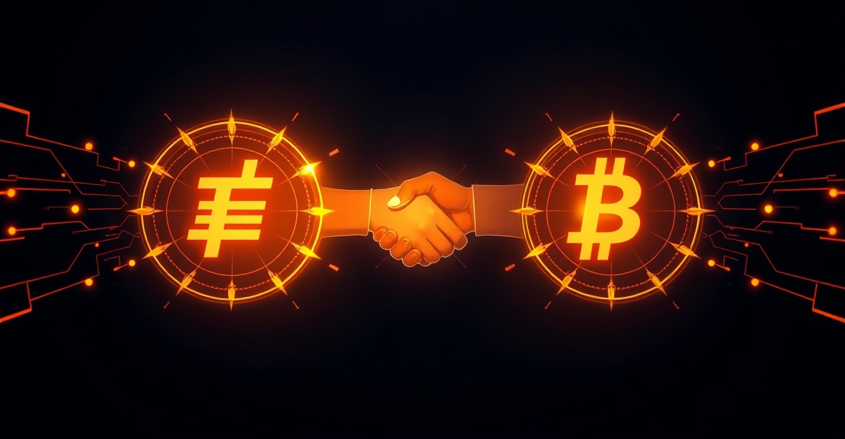 Two payment-network emblems connected by a handshake of light — ACP and AP2 compared