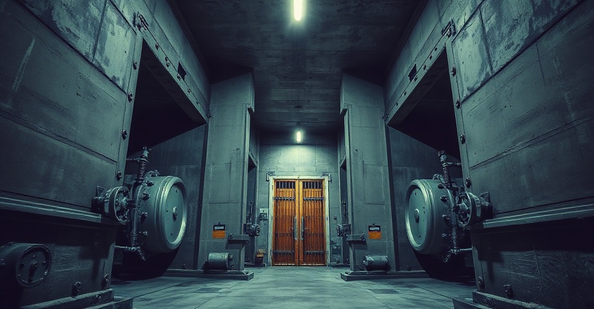 Heavy blast doors standing open down a concrete corridor toward a further closed door, standing for the layered gates of agent identity, authorization and spend control