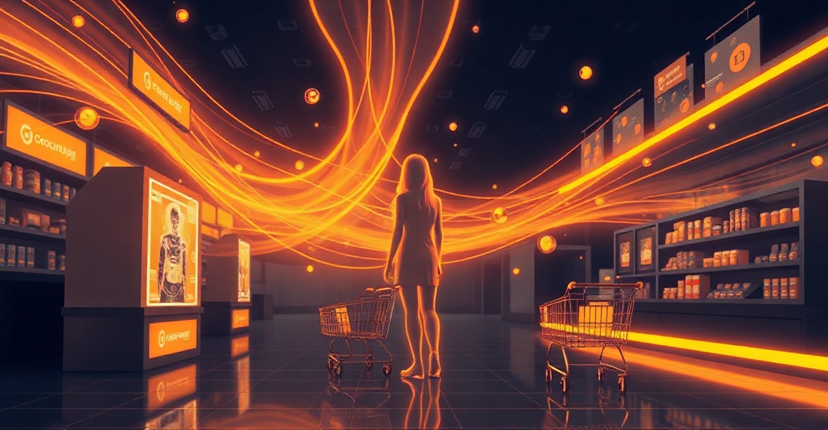 An autonomous AI shopping agent at a checkout, products flowing toward it — how agentic commerce works