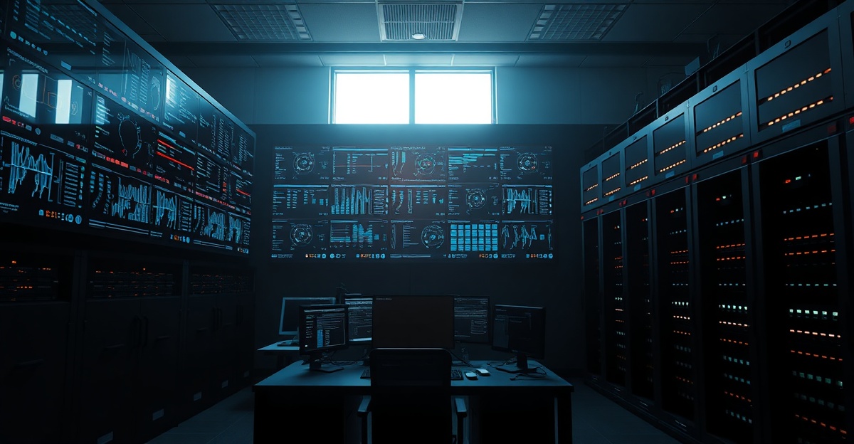 A network operations centre at night, a lit wall of monitoring dashboards above an empty operator desk between rows of server racks