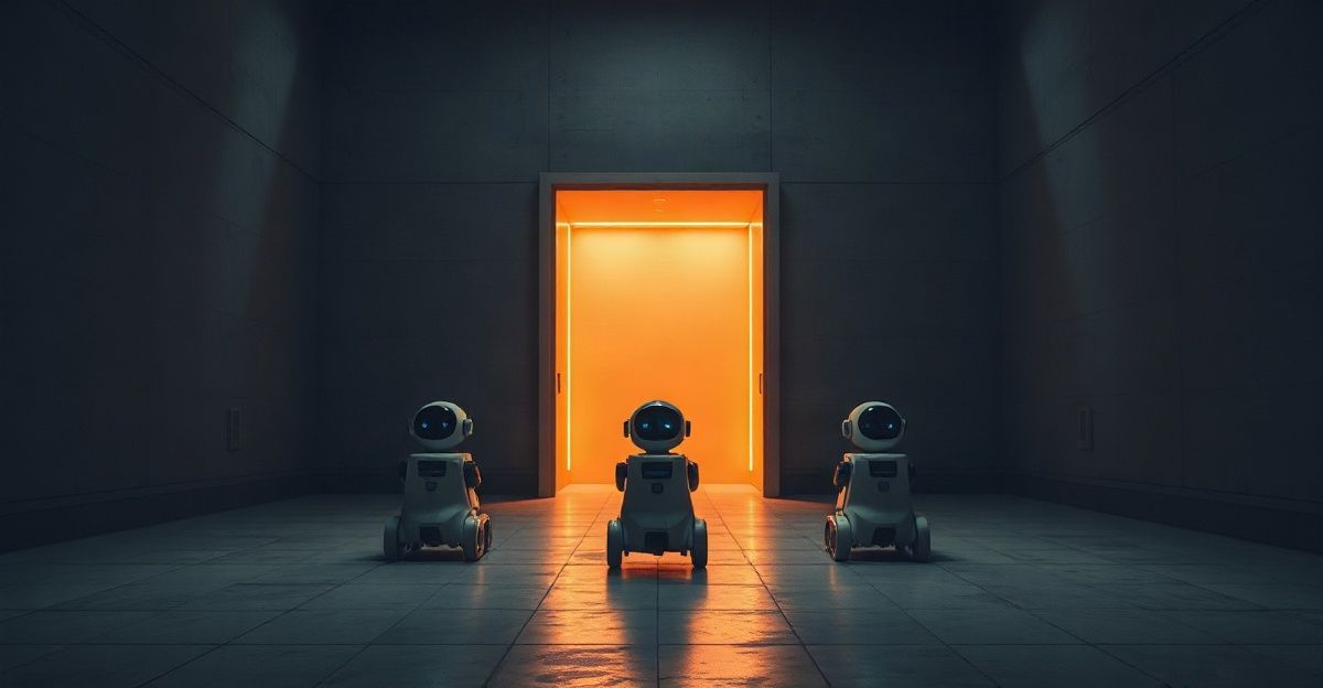 Three small service robots waiting in line before a glowing orange doorway in a dark concrete hall