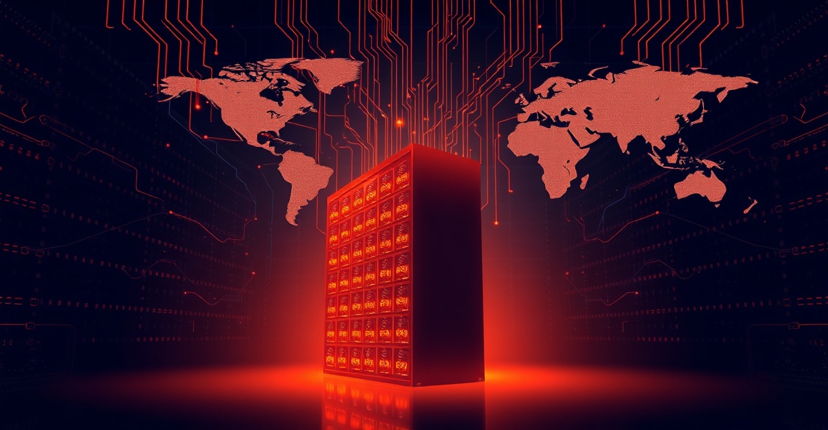 Stylised GPU server array with energy-grid traces converging into a central data centre