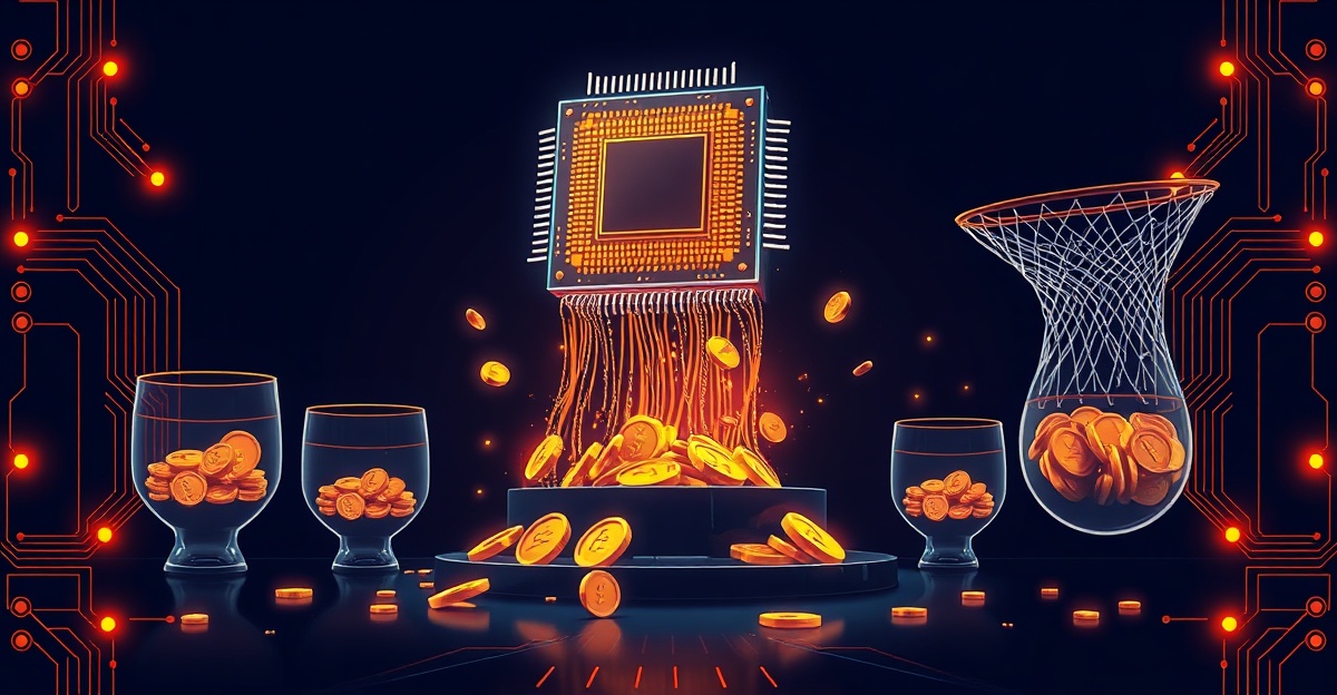 AI FinOps — a GPU chip pouring token coins into measuring vessels, waste caught by a net