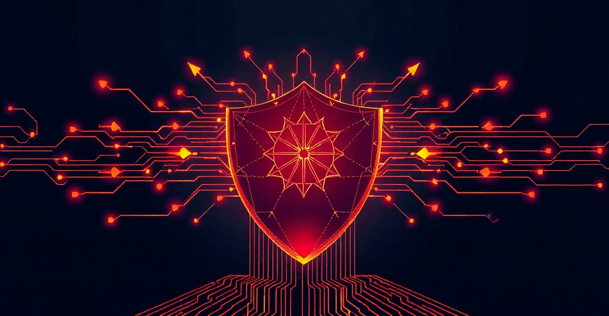 AI security — a circuit-woven shield deflecting hostile particle streams while controlled data passes through gates