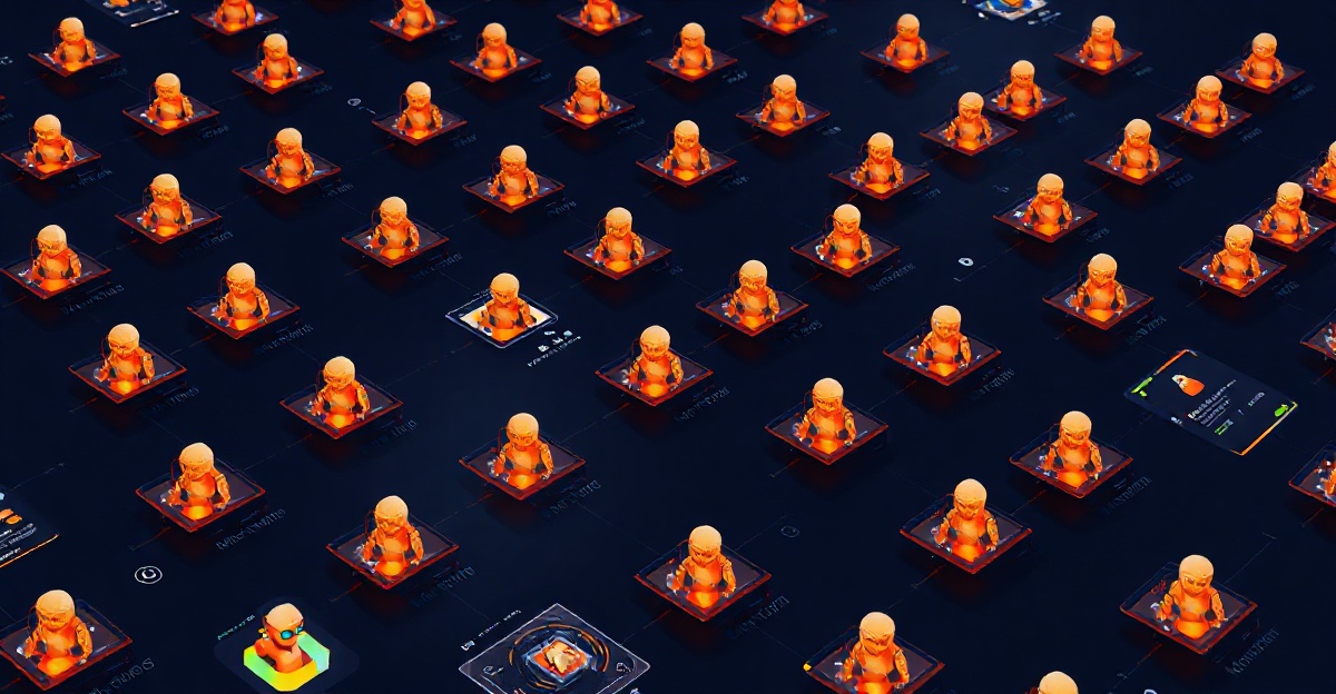 A grid of AI shopping-agent avatars browsing floating product cards