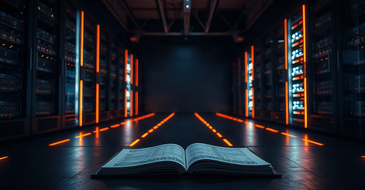 An open ledger on the floor of a dark data center aisle, with orange light lines running from the server racks to the book