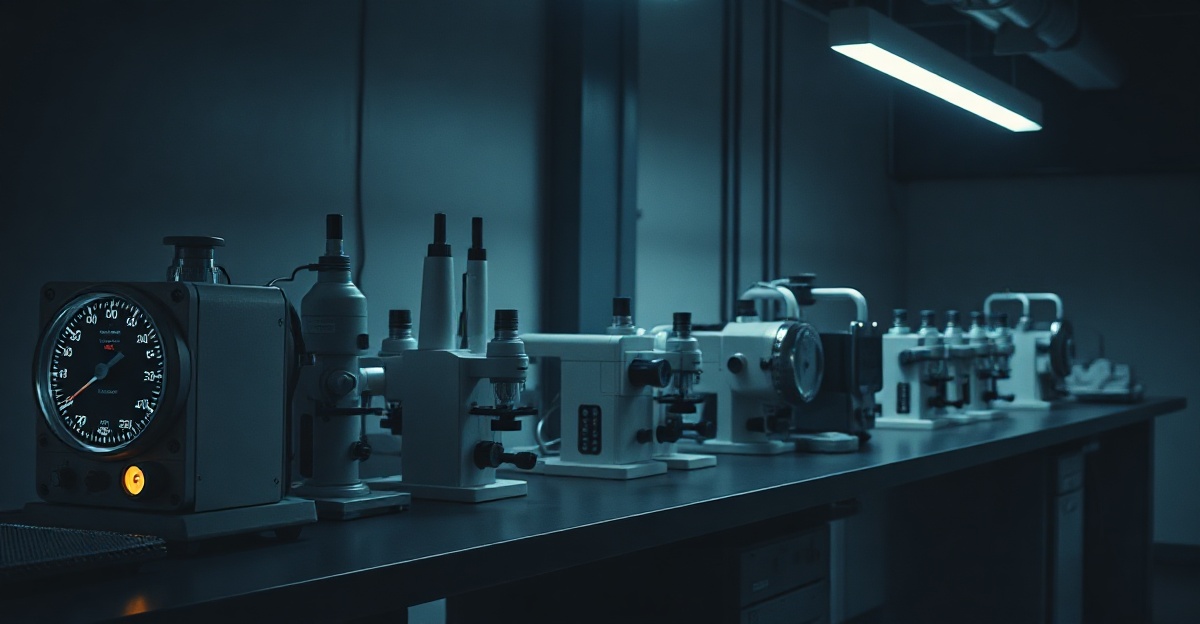 A row of precision instruments on a dark laboratory bench, most with lit dials and several at the end unlit, the nine tools we can measure and the five we cannot