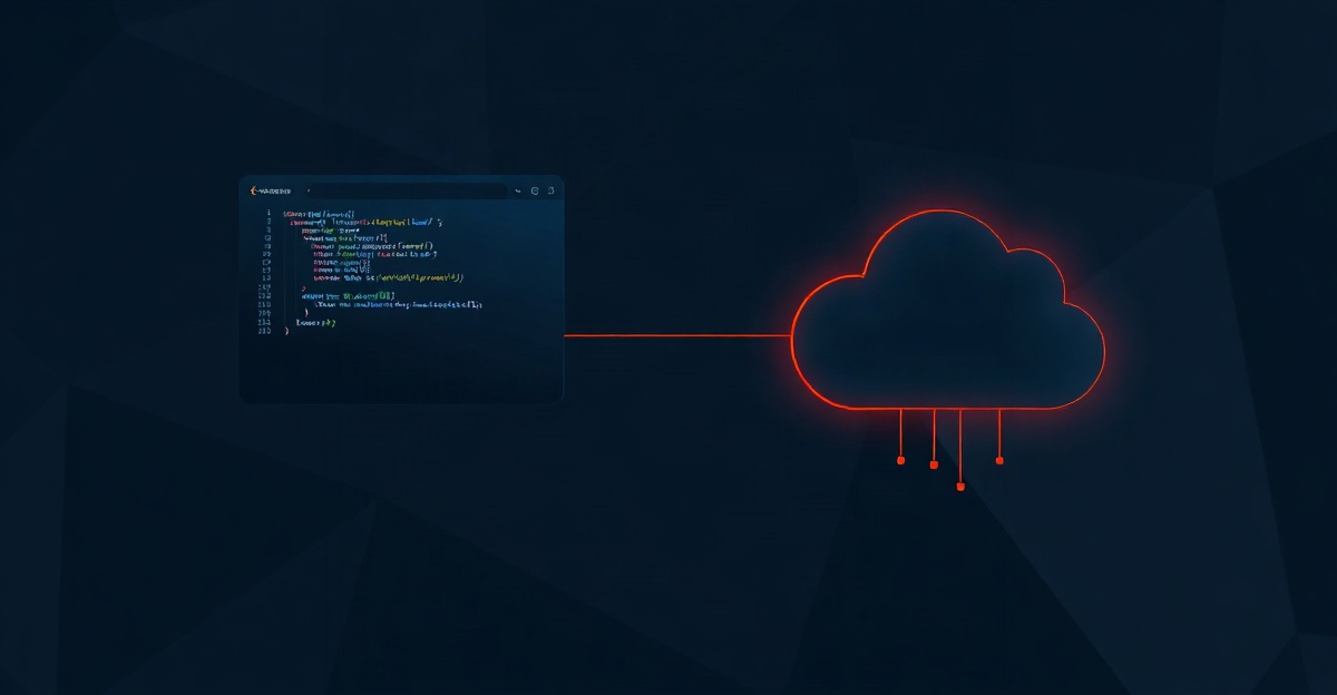 Minimalist dark UI panel showing a code editor pane beside a cloud-execution status indicator