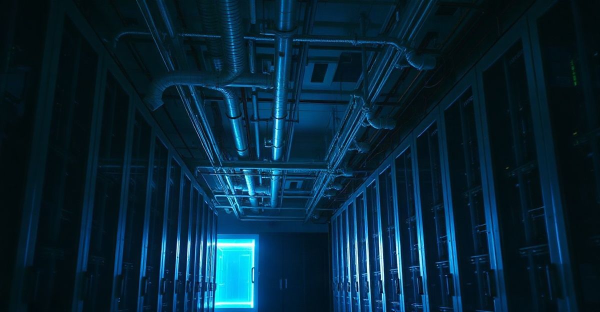 Rows of server racks under overhead coolant pipes in a dim data hall lit in blue