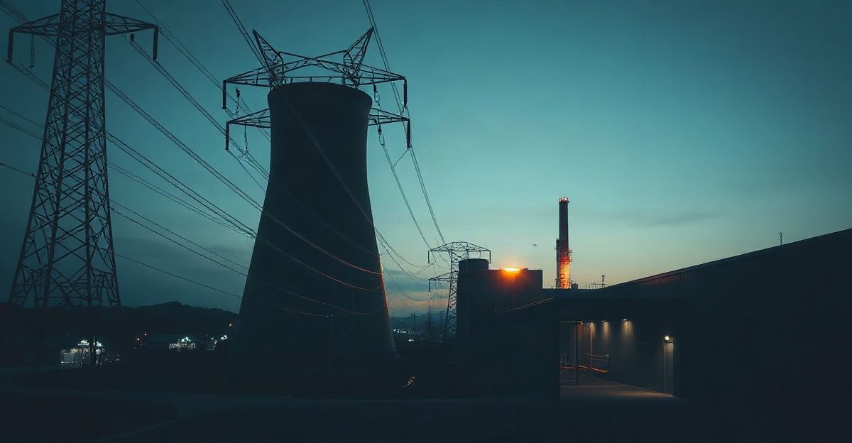 Transmission towers and a cooling tower silhouetted at dusk beside a long, windowless industrial hall
