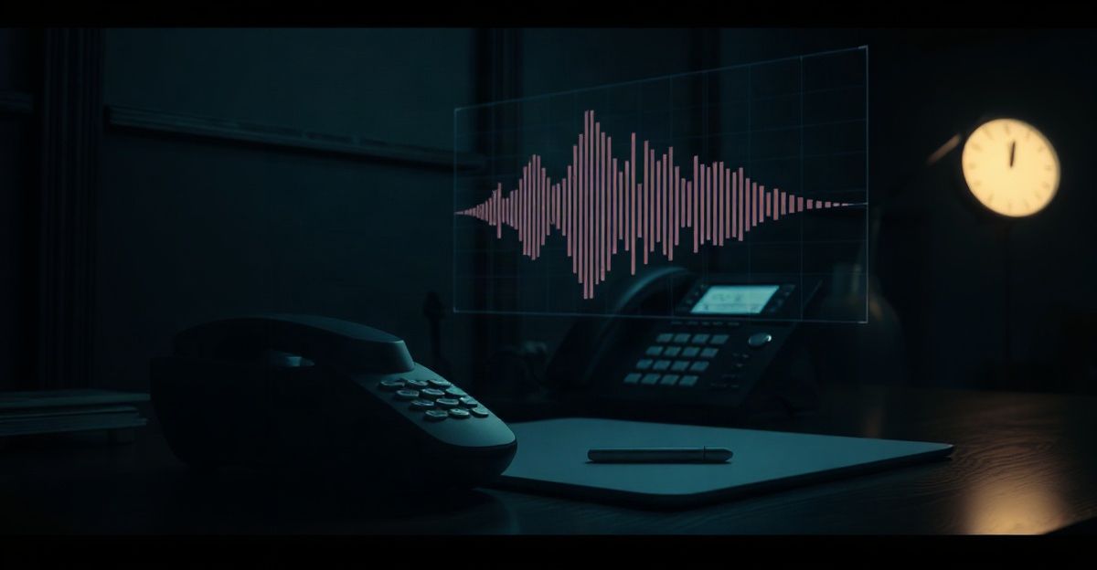 A desk phone in a dark office with a translucent voice waveform floating above it