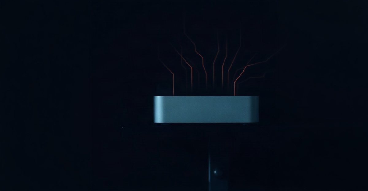 A Mac Mini on a dark shelf with a faint orange glow tracing a network of connection lines, representing an always-on AI agent hub