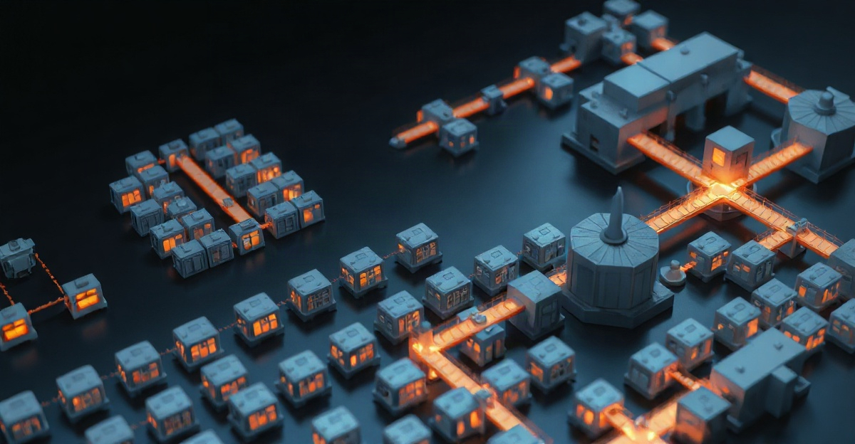 Aerial view of modular pod structures linked by glowing bridges, some clustered tightly and others lit apart, representing engineering team topology at scale