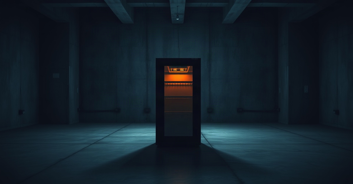 A single small server cabinet with a glass door, glowing orange from inside in an empty concrete room