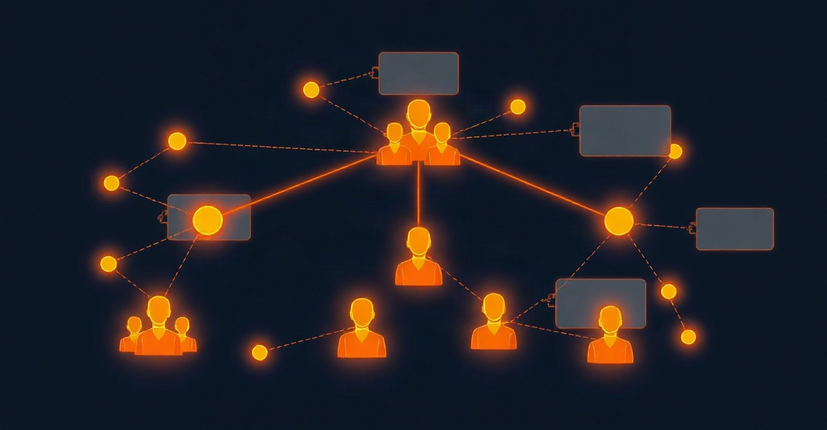 Abstract diagram of interconnected engineering team pods with glowing orange connections on a dark background