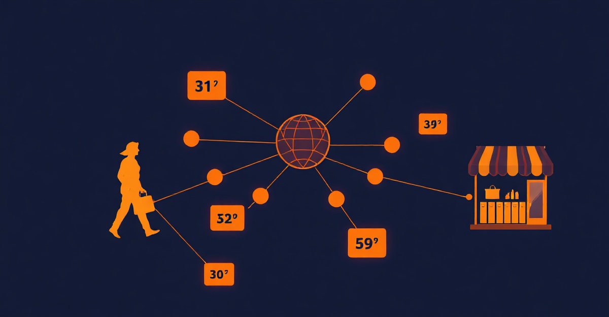 A central AI agent node linking a shopper to a storefront — what agentic commerce means