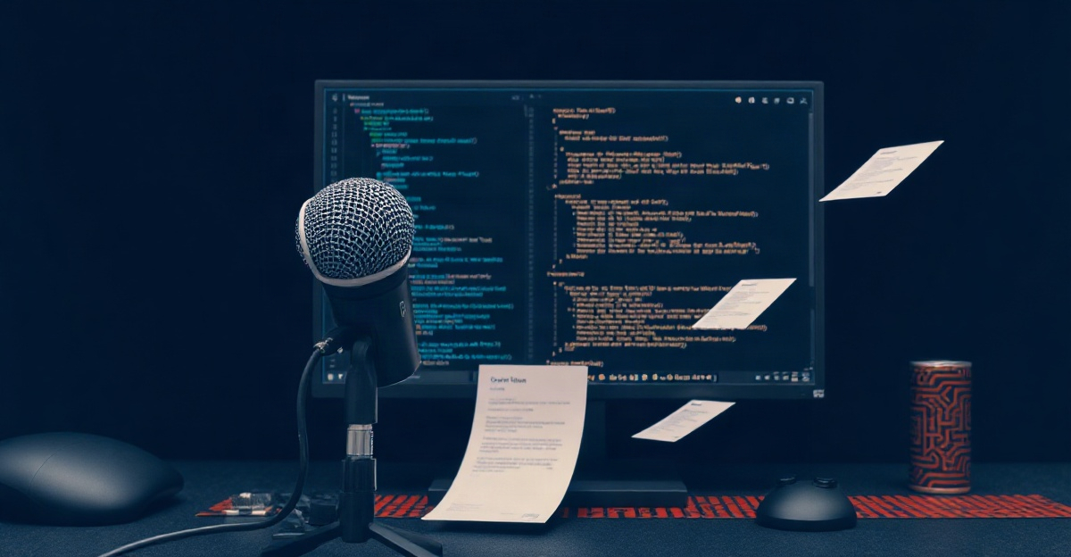 A microphone beside a terminal window rendering a code diff, in restrained dark editorial style